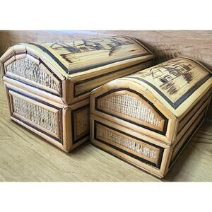 2 Small Bamboo Arched Nesting Boxes Palms & Village Lined in Red Treasure Chest